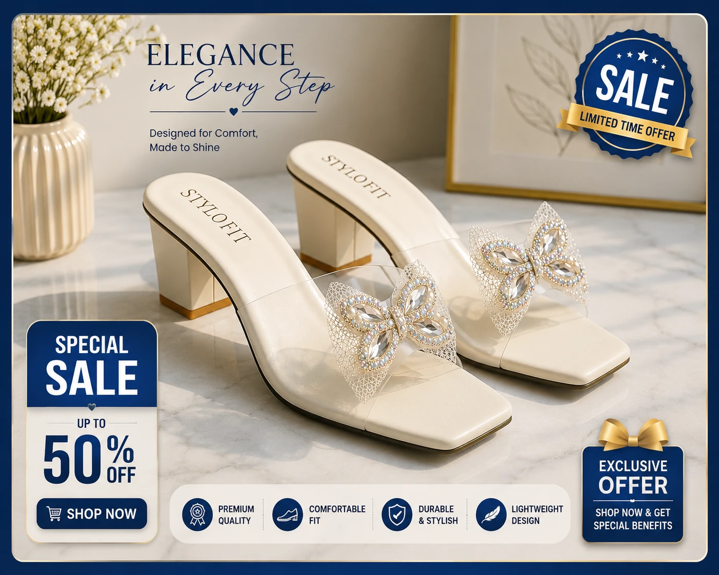Women Stylish White Block Heel Slip-On Sandals with Rhinestone Butterfly Bow | Fancy Party Wear Heels for Girls & Women