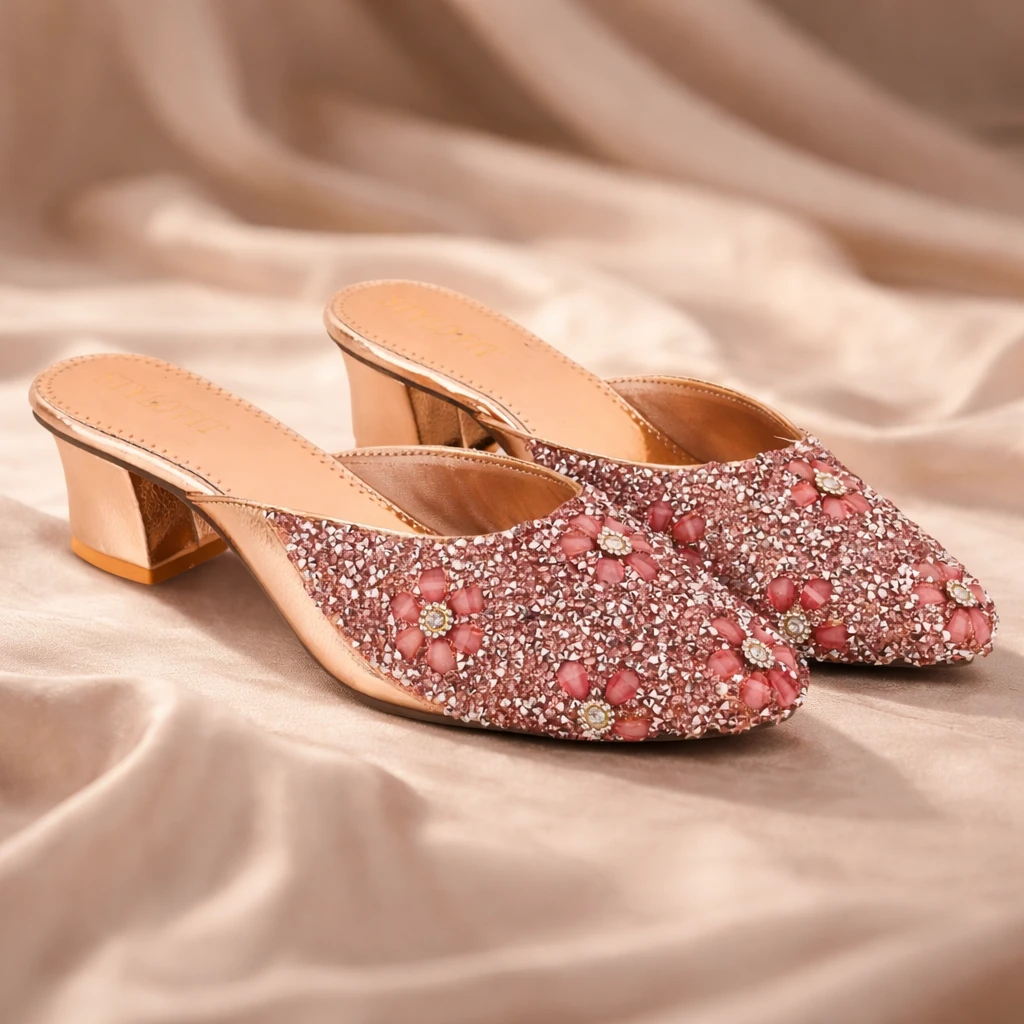 Women Pink Glitter Mule Heels with Floral Stone Work | Fancy Party Wear Slip-On Block Heel Sandals for Girls & Women