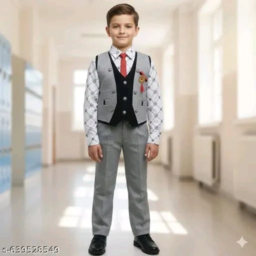 Boys Stylish Waistcoat, Shirt & Pant Set | Wedding, Festive & Party Wear Dress | Formal Clothing Set | 1-8 Years