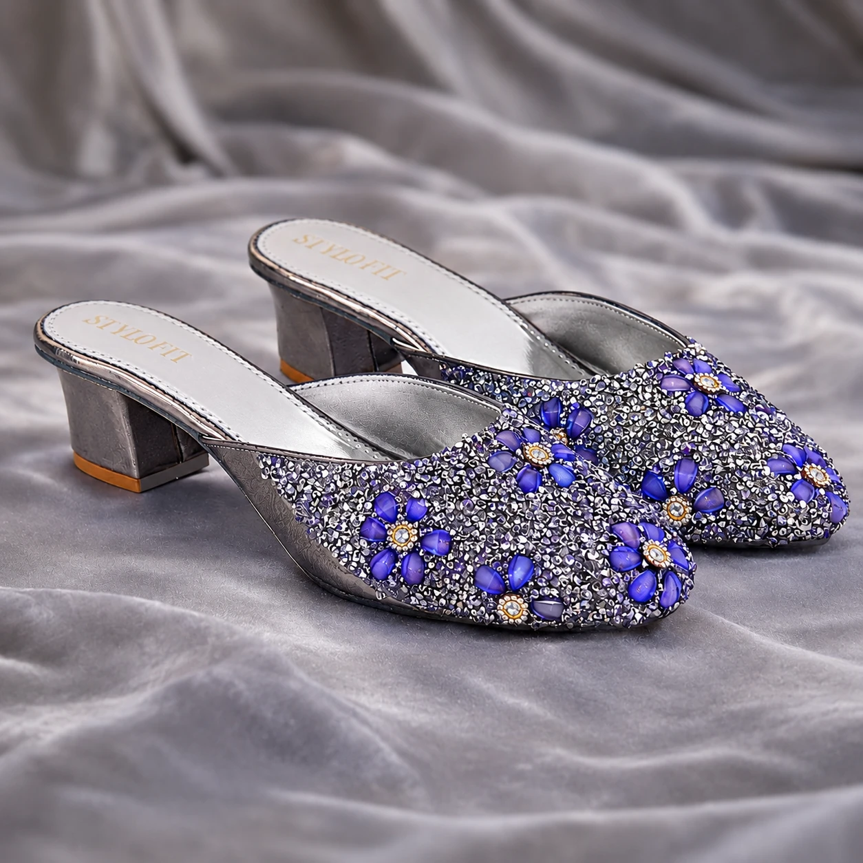 Women Grey Glitter Mule Heels with Blue Floral Stone Work | Fancy Party Wear Slip-On Block Heels for Girls & Women