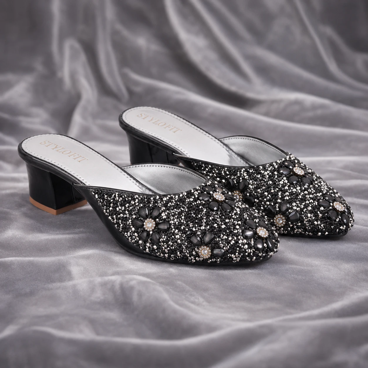 Women Black Glitter Mule Heels with Floral Stone Work | Fancy Party Wear Slip-On Block Heel Sandals for Girls & Women