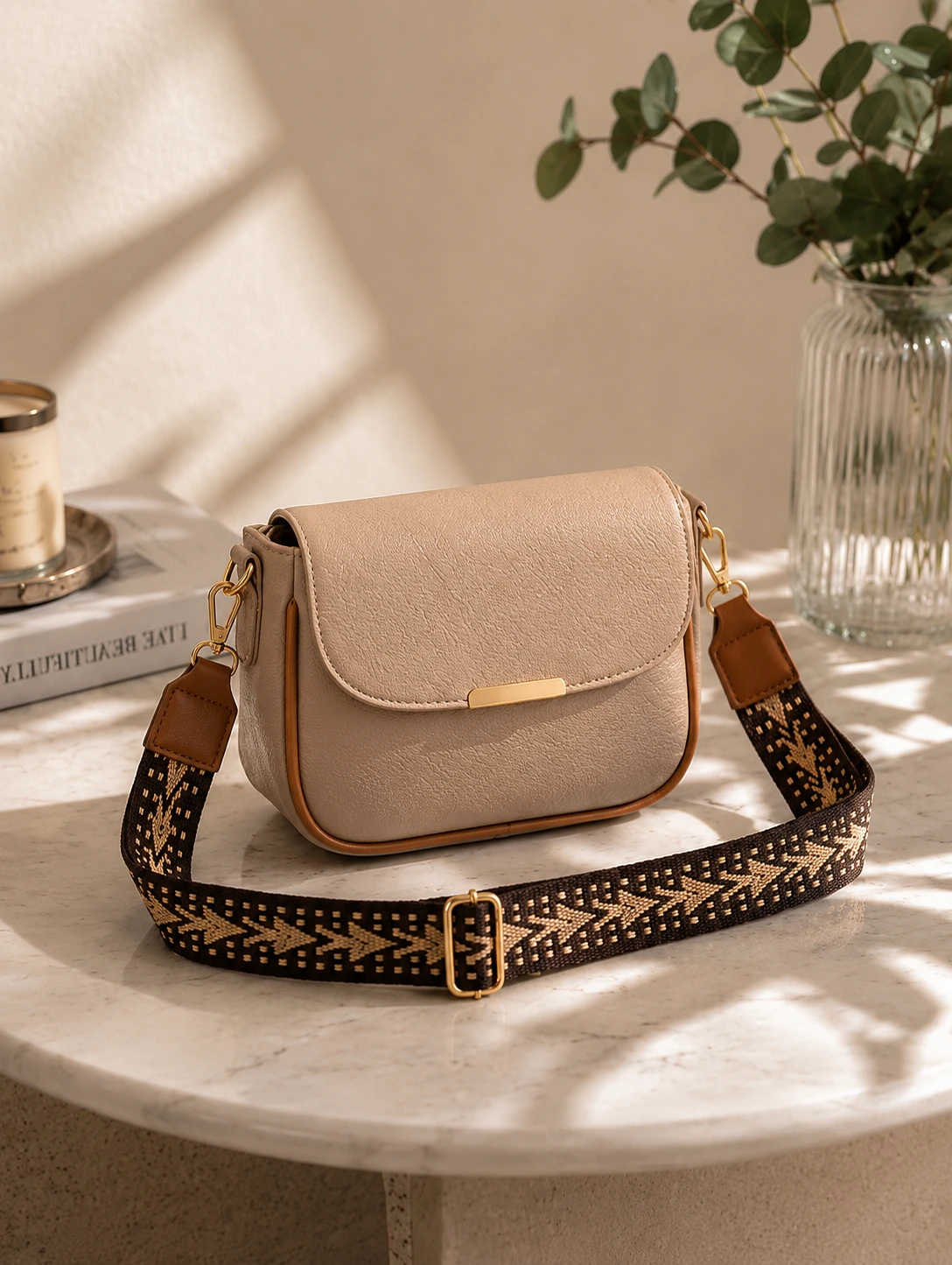 Women's Beige Crossbody Sling Bag with Stylish Broad Printed Strap | Premium Faux Leather Shoulder Bag for Girls & Women