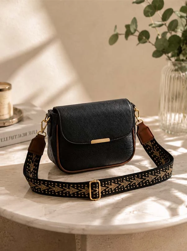 Women Stylish Black Sling Bag with Adjustable Printed Strap | Trendy Crossbody Shoulder Bag for Girls & Women