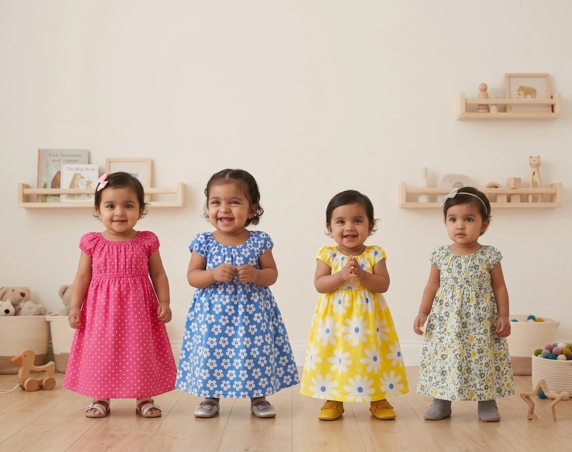 Baby Girls Cotton Frock Jhabla Printed Dress Combo Pack of 4 | Soft & Breathable Cotton | Cute Printed Casual Wear for Babies & Toddlers