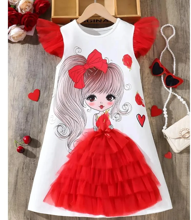 Girls Cartoon Print Red Tulle Party Dress | Cute Princess Dress for Kids