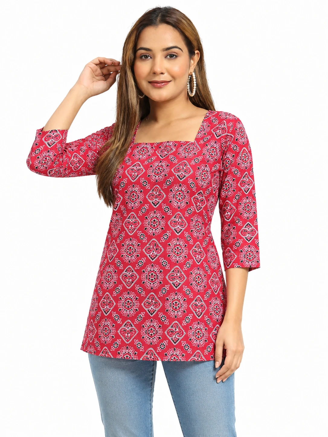 Women's Rani Pink Printed Square Neck Short Kurti | Stylish Casual Wear Top