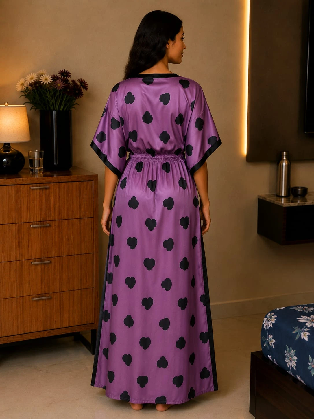 kaftaan  Cloth details satin  Colour purple  Print black heart