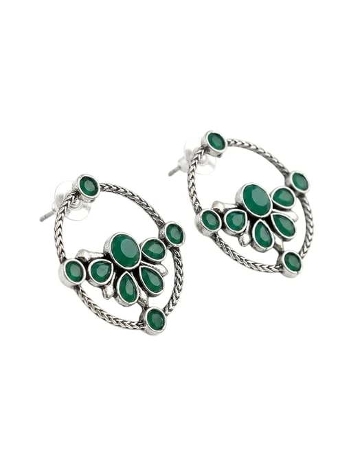 ANAMYA Oxidised Stud Earrings for Women | Boho Floral Stone Earrings with Turquoise & Ruby Color Stones | Ethnic Circular Earrings for Girls & Women
