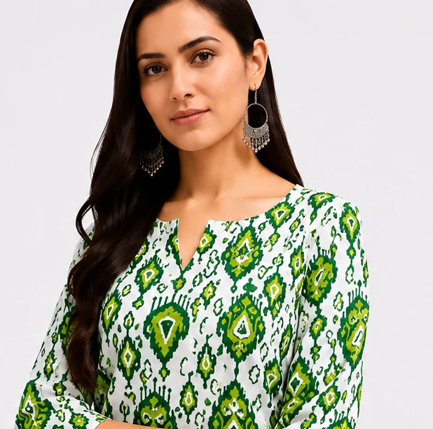 Trending Green & White Ikat Print Cotton Short Kurti for Women | Casual Office & College Wear Tunic Tops