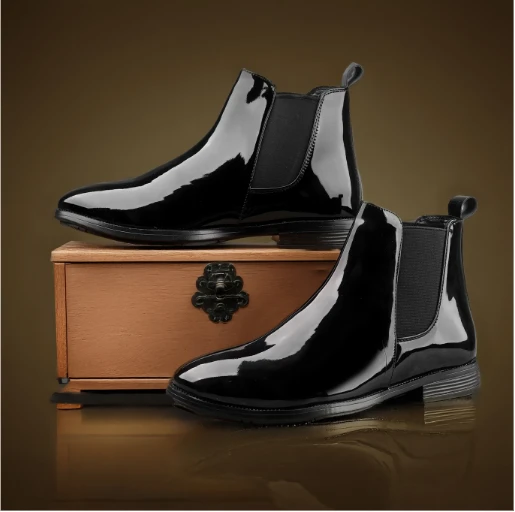 synthetic patent leather elastic side panels black patent Chelsea boots
