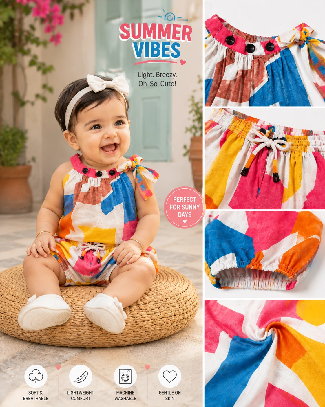 Trendy Girls Multicolor Abstract Printed Co-Ord Set | Stylish Halter Neck Top with Elastic Waist Shorts | Premium Summer Outfit for Kids 1-7 Years | Cute Fashionable Party & Casual Wear Dress Set