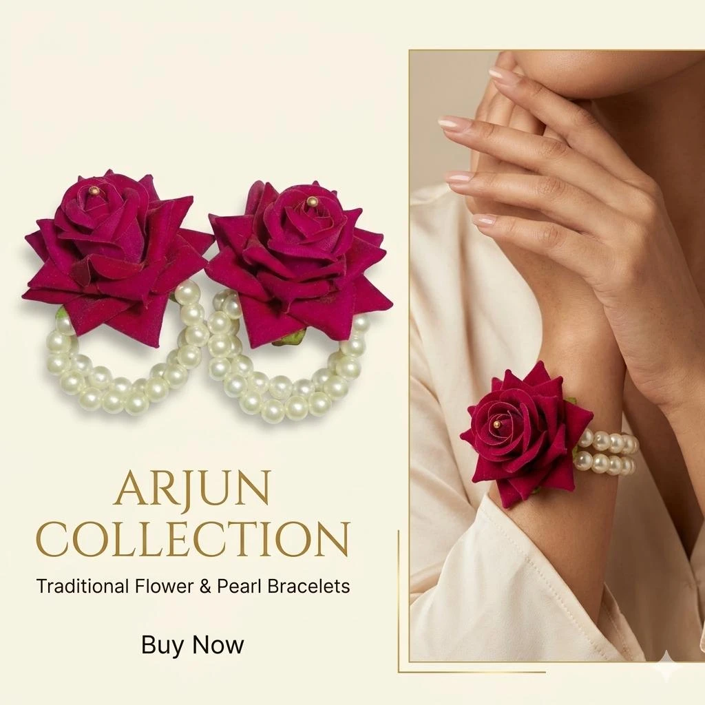 Floral Pearl Bracelet Set for Women | Handmade Rose Flower Bracelet with Pearl Beads | Ethnic Wedding & Festive Wrist Accessory