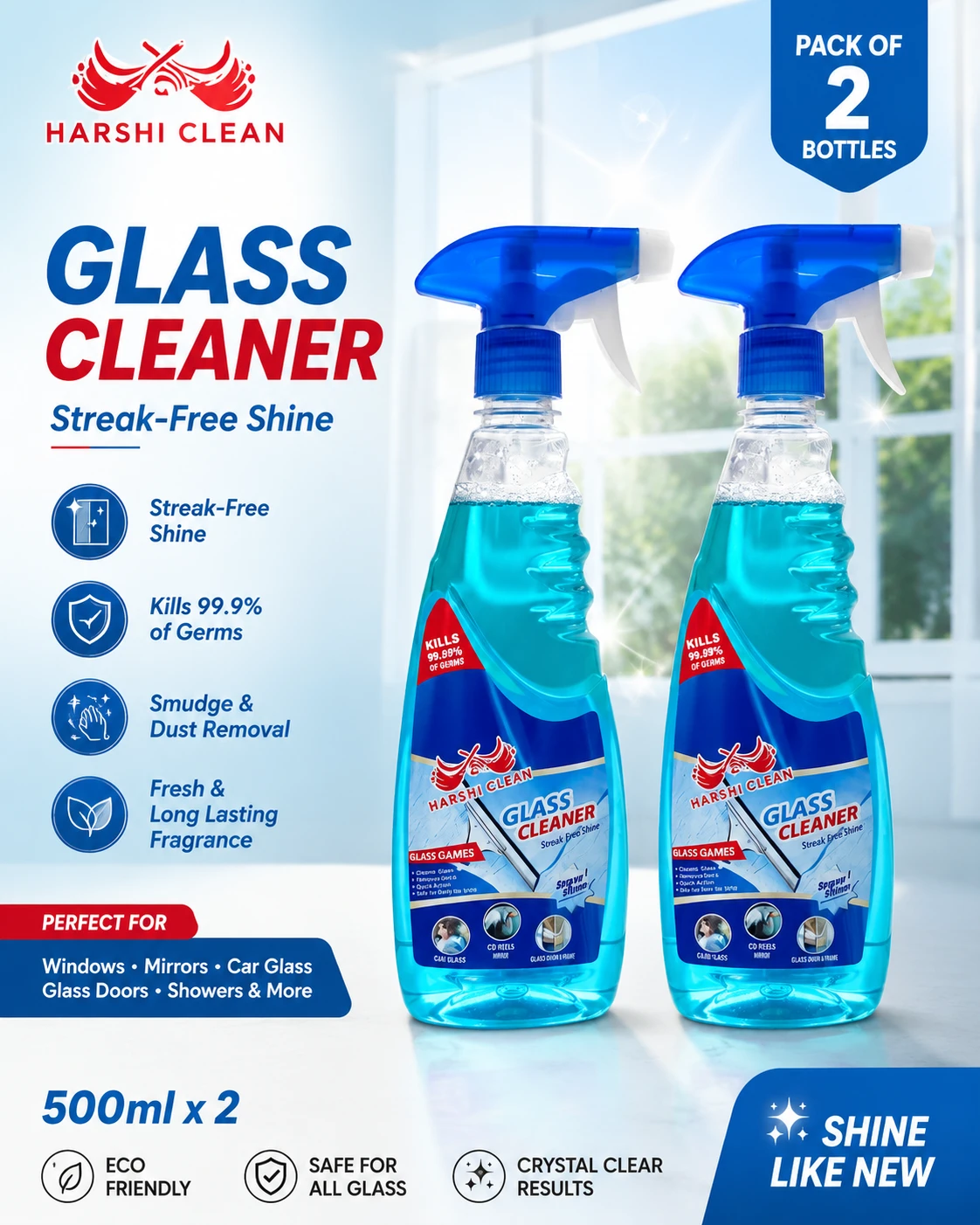 Harshi Clean Glass Cleaner Spray (500ml x 2) | Streak-Free Shine & 99.99% Germ Protection | Pack of 2