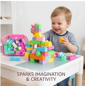 Baba Antique Pastel Building Blocks Set for Kids (40+ Pieces) Non-Toxic Educational Toy with Portable Pink Carry Case, Learning Blocks for Toddlers Age 3+ Toy for Girls for Kids