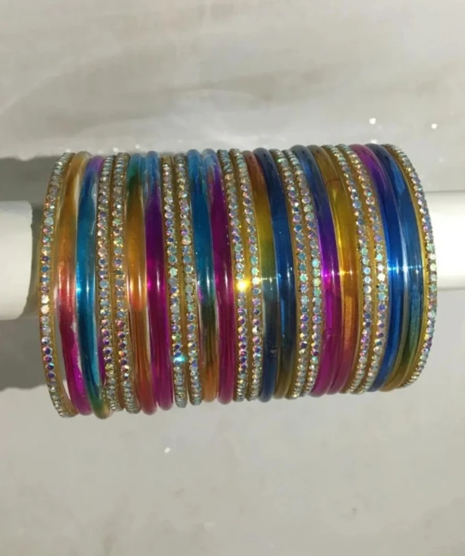 Multicolor Stone Work Glass Bangles Set | Stylish Designer Chudi for Women