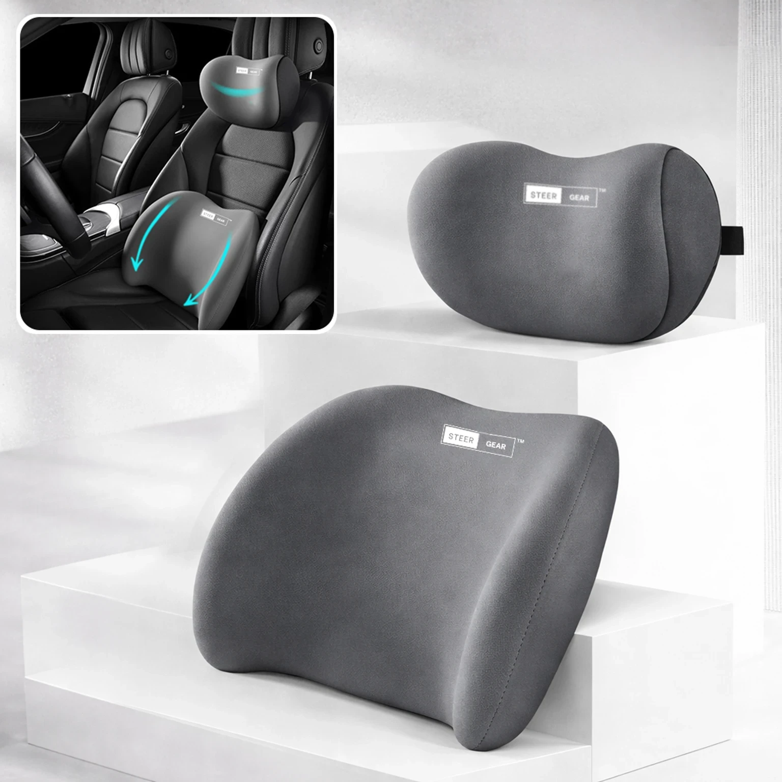 SteerGear Grey Cotton Car Pillow Cushion for Universal For Car