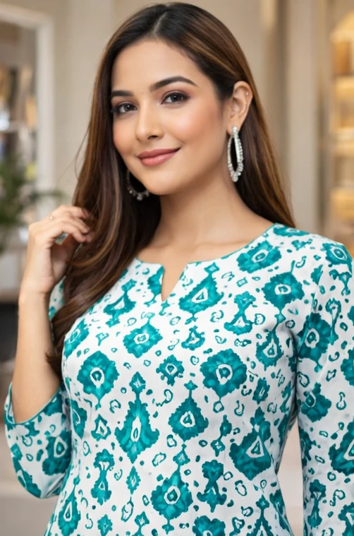 Women Teal Green Ikat Printed Short Kurti