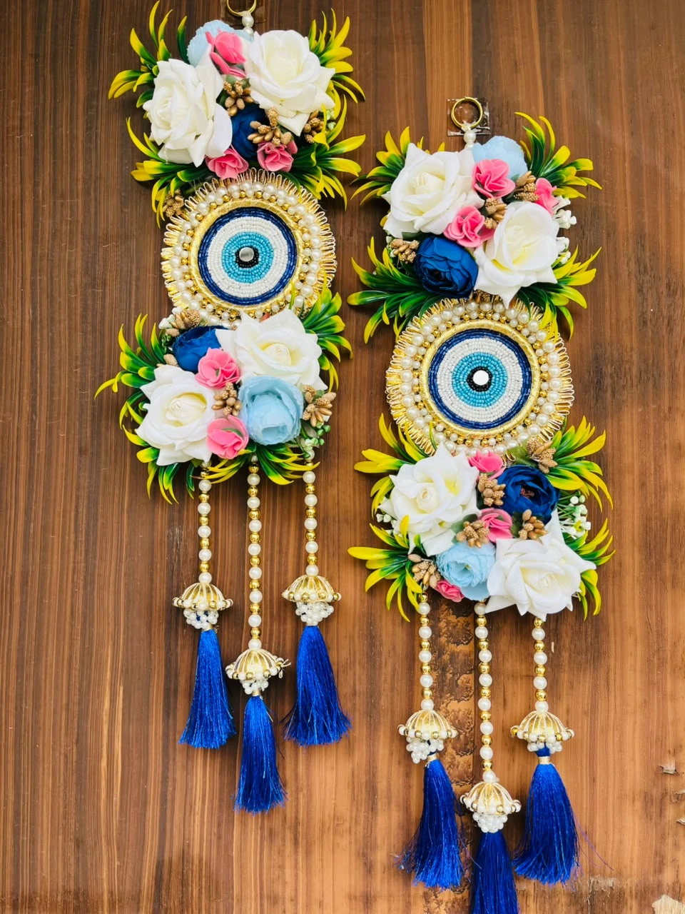 Handcrafted Evil Eye Floral Wall Hanging Set of 2 | Blue Tassel Nazar Suraksha Door Decor | Boho Home Decoration Hanging