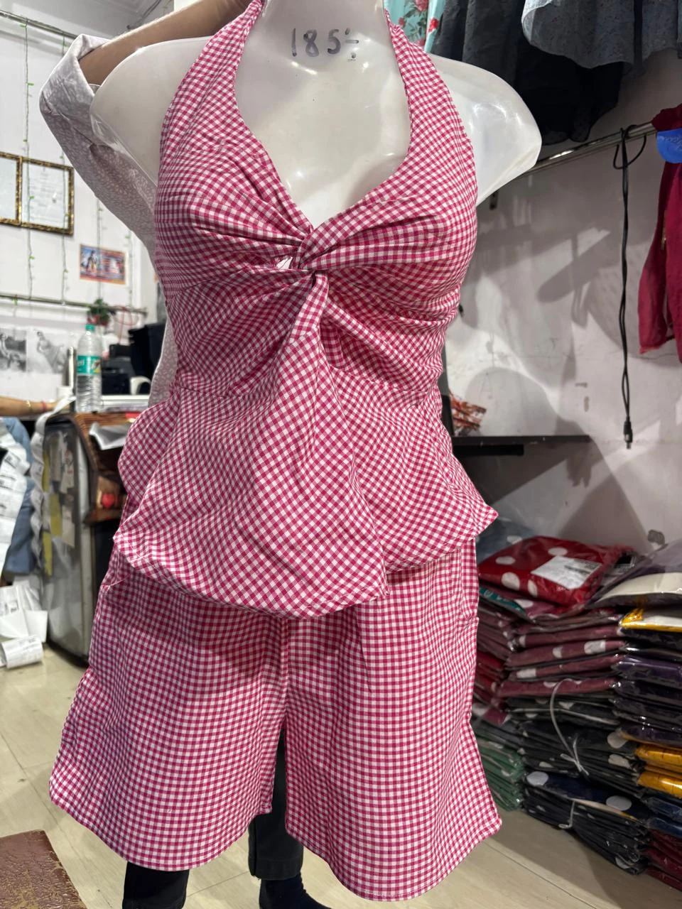 Women's Pink Gingham Halter Neck Co-Ord Set | Stylish Sleeveless Top & Shorts Set