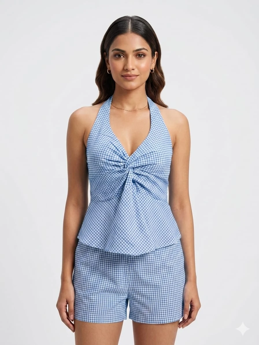 Women's Blue Gingham Halter Neck Co-Ord Set | Stylish Sleeveless Top & Shorts Set