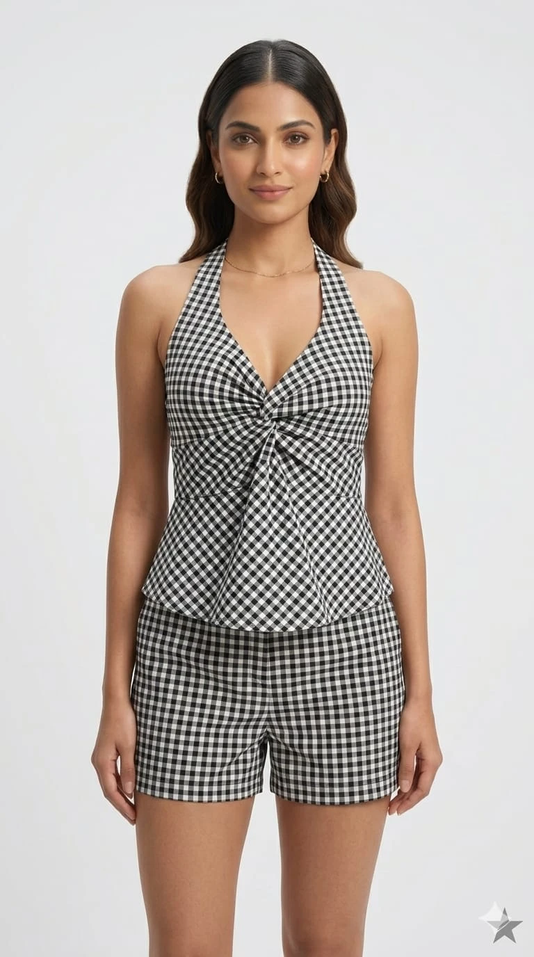 Women's Black Gingham Halter Neck Co-Ord Set | Stylish Sleeveless Top & Shorts Set