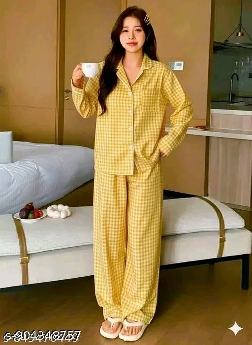 Women's Yellow Gingham Cotton Blend Night Suit Set | Full Sleeve Shirt & Pajama Co-Ord Set
