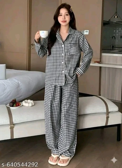 Women's Black Gingham Cotton Blend Night Suit Set | Full Sleeve Shirt & Pajama Co-Ord Set