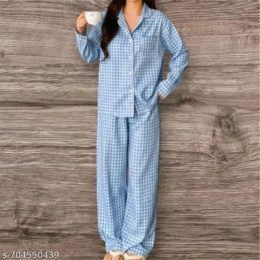 Women's Blue Gingham Cotton Blend Night Suit Set | Full Sleeve Shirt & Pajama Co-Ord Set