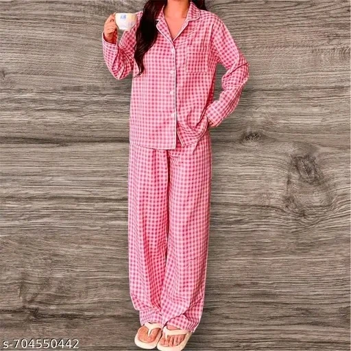 Women's Pink Gingham Cotton Blend Night Suit Set | Full Sleeve Shirt & Pajama Co-Ord Set