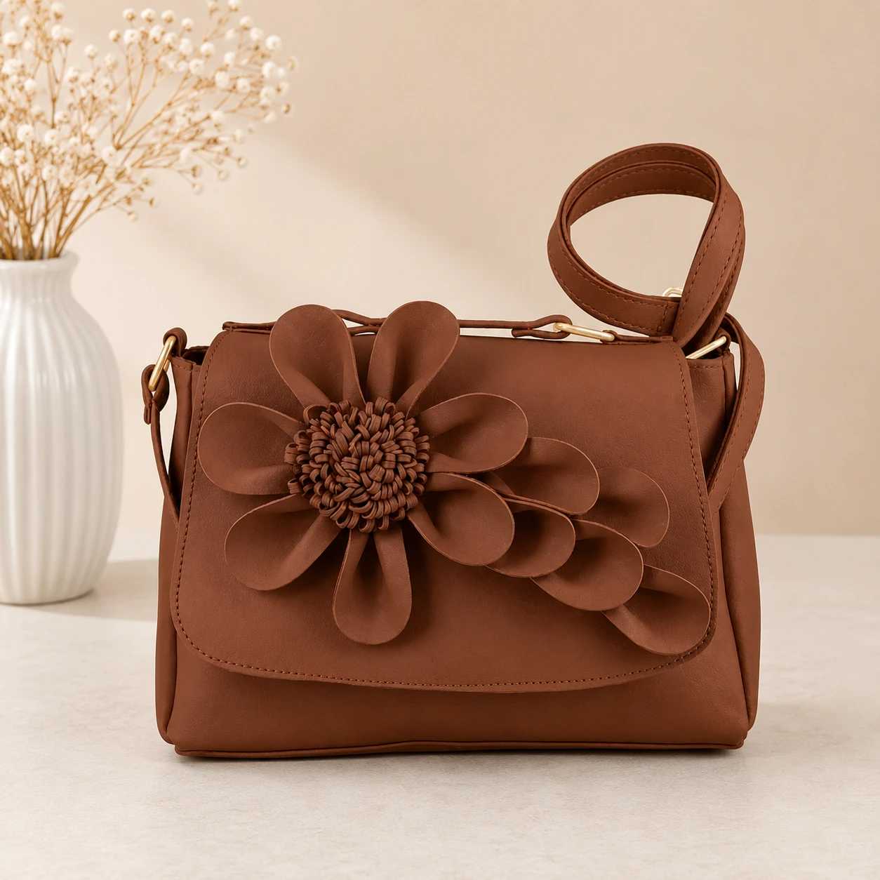 Elegant Floral Leather Crossbody Bag