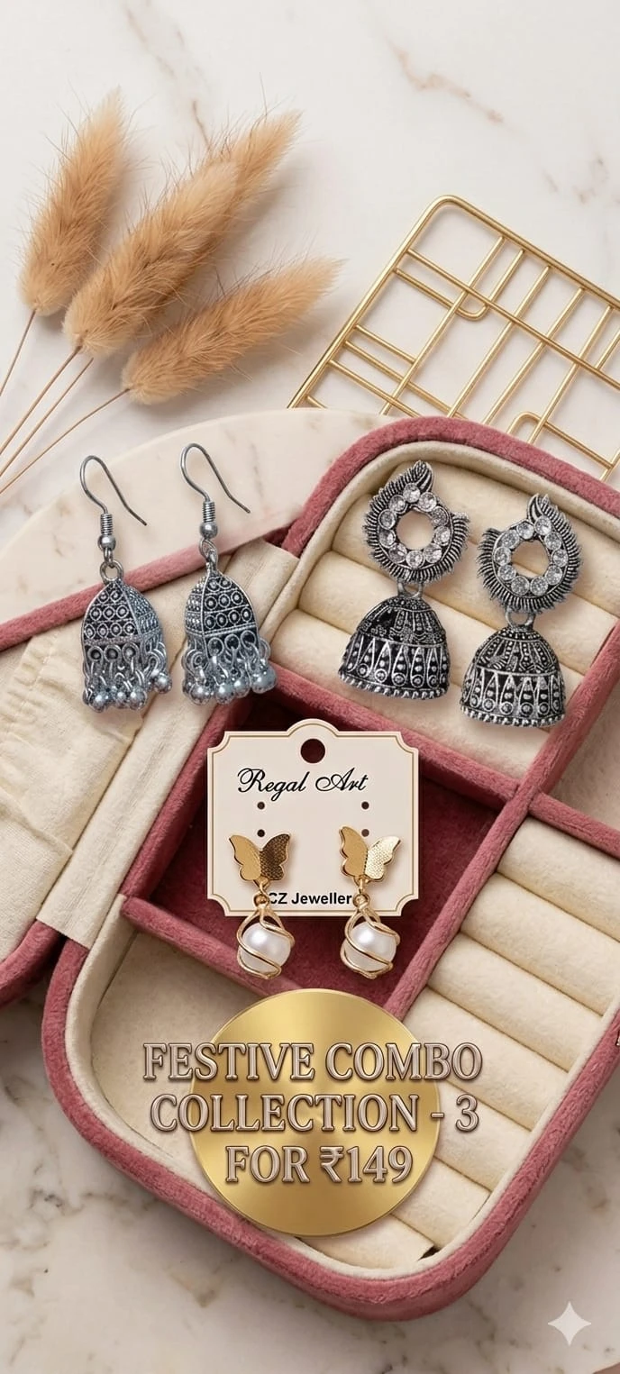 Elegantt Oxidised Jhumka and Gold Butterflyy Pearl Earrings Combo (Pack of 3 Pairs)