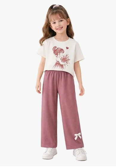 Sonwar Fashion Girls Cute Graphic T-Shirt and Palazzo Pants Set | Trendy Kids Summer Co-ord Set