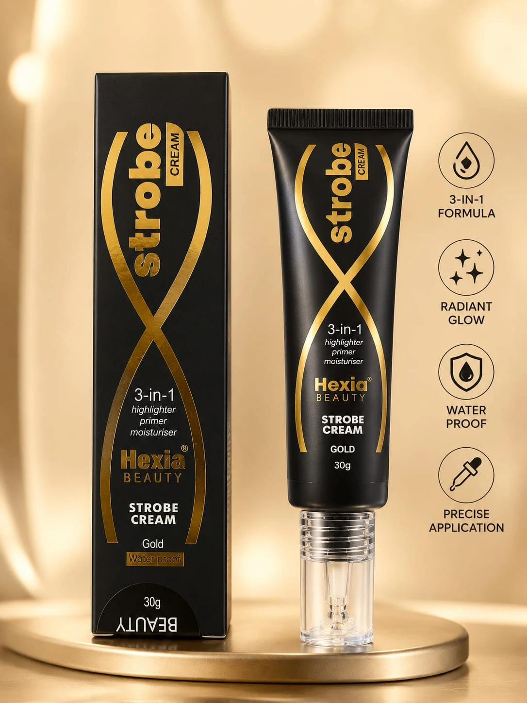 Hexia Beauty 3-in-1 Gold Strobe Cream – Highlighter, Primer & Moisturiser (30g)