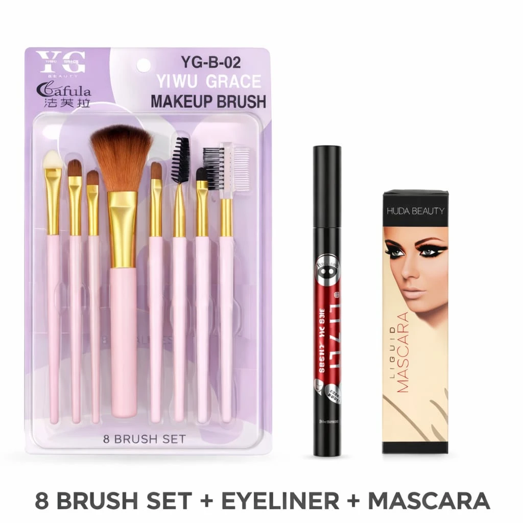 Complete Makeup Essentials Kit – 8 Brush Set + Eyeliner + Mascara Combo