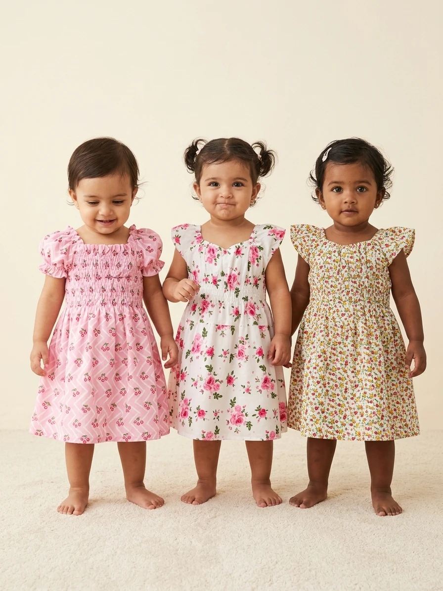 Baby Girls Cotton Frock Printed Dress Combo Pack of 3 | Soft & Comfortable Floral Printed Frock Set | Stylish Casual Wear for Kids