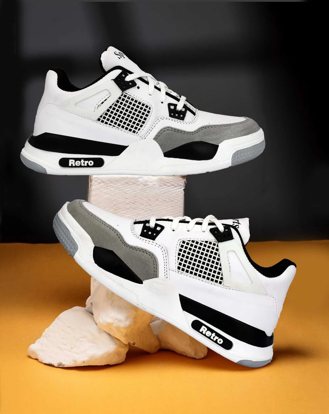 Retro Sports Chunky Sneakers – Stylish White & Grey Athleisure Shoes