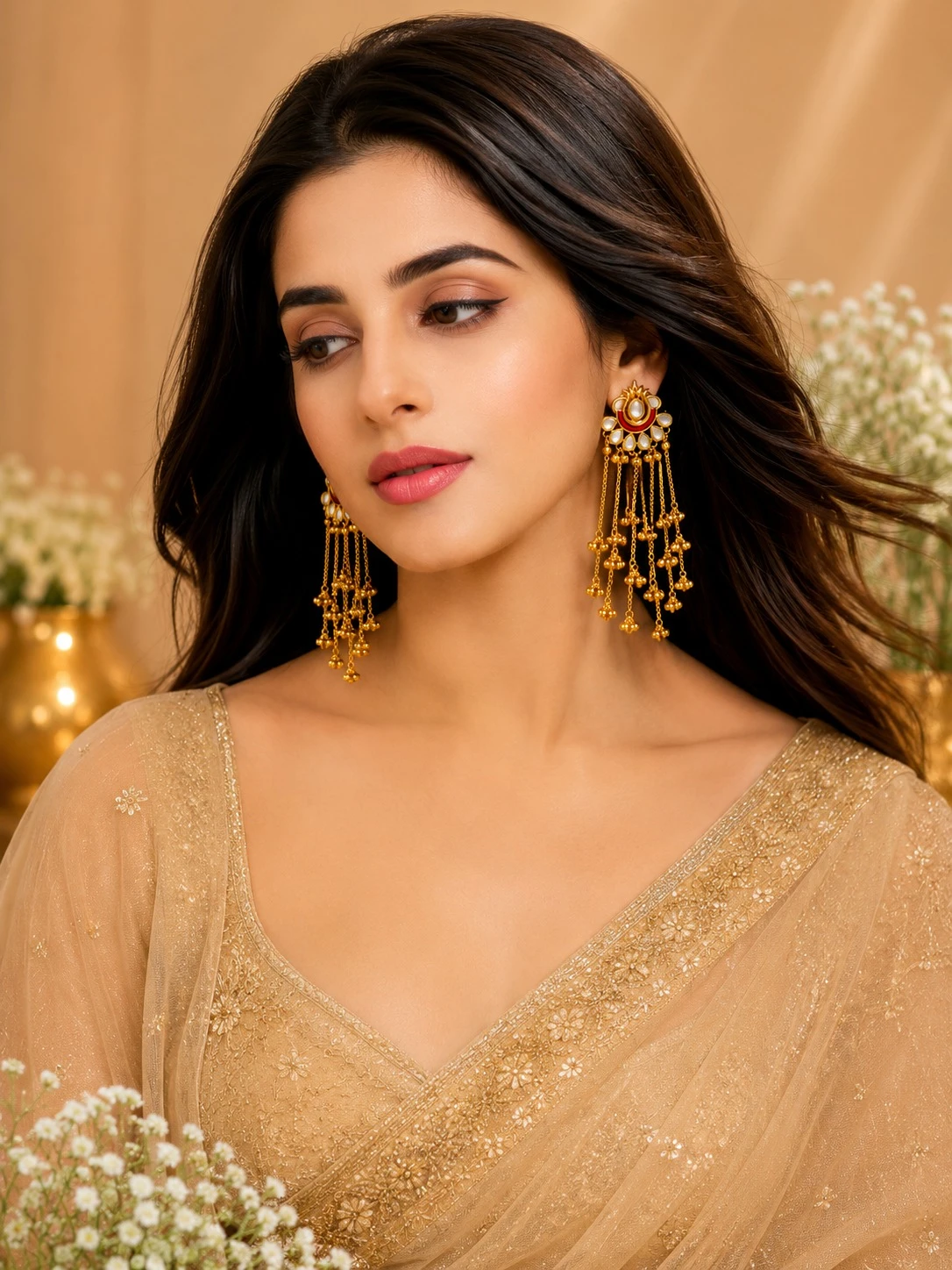 Traditional Gold Plated Long Chain Pearl Drop Dangler Earrings for Women & Girls