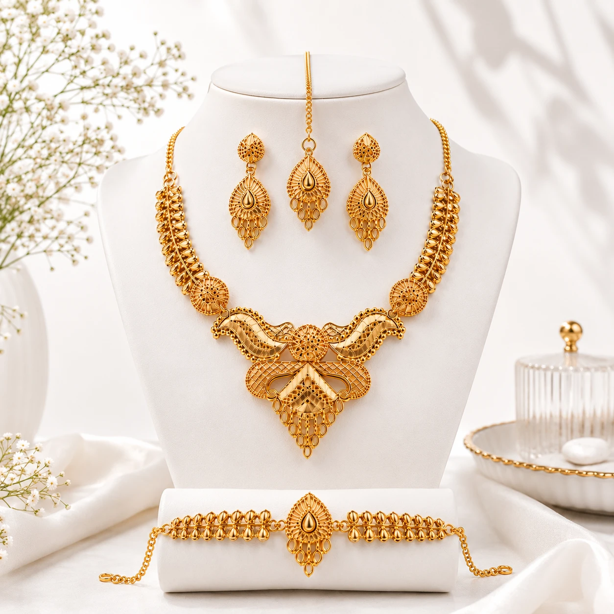 Designer Gold Tone Necklace Set with Matching Earrings