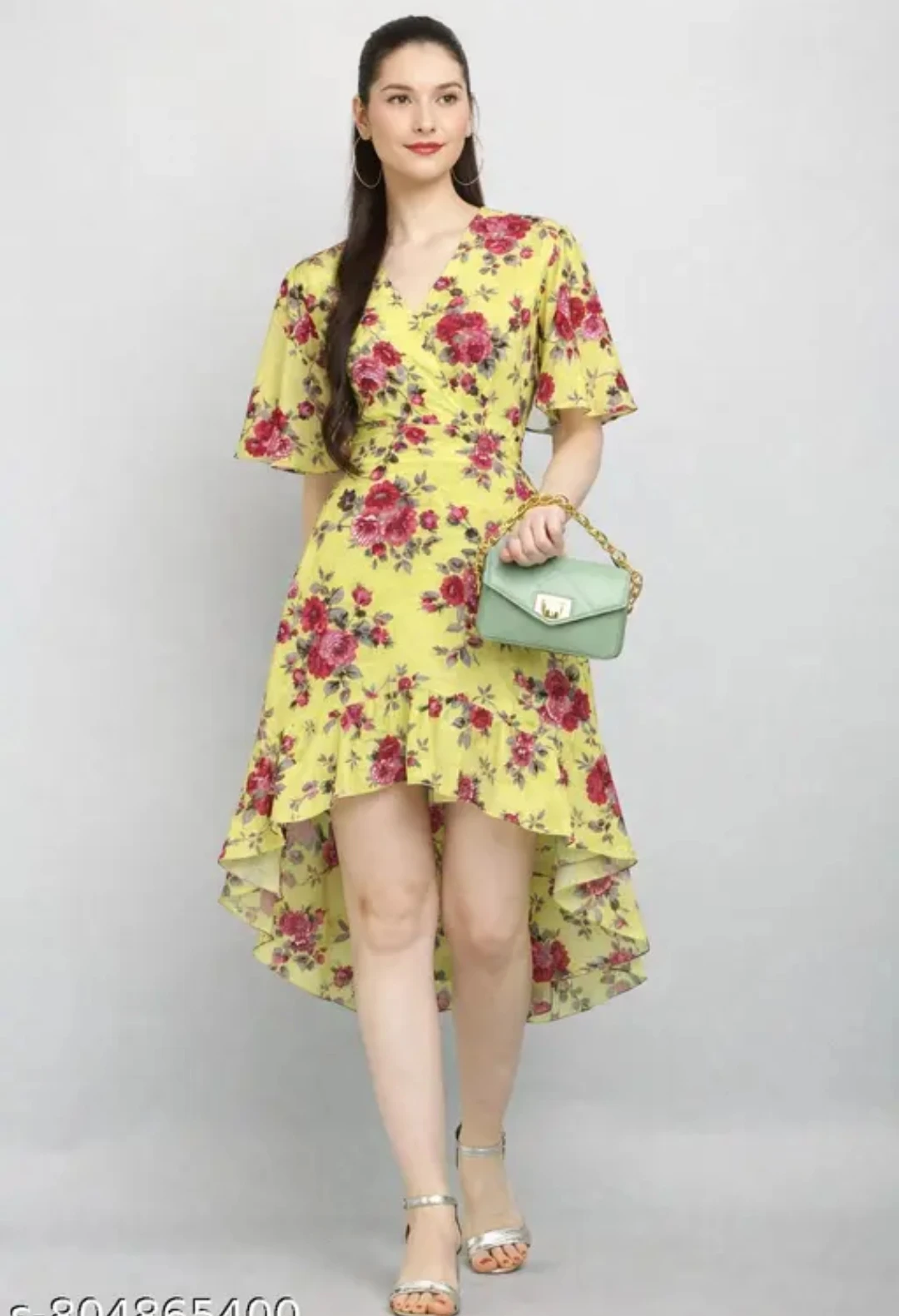 Women's Yellow Floral High-Low Wrap Dress