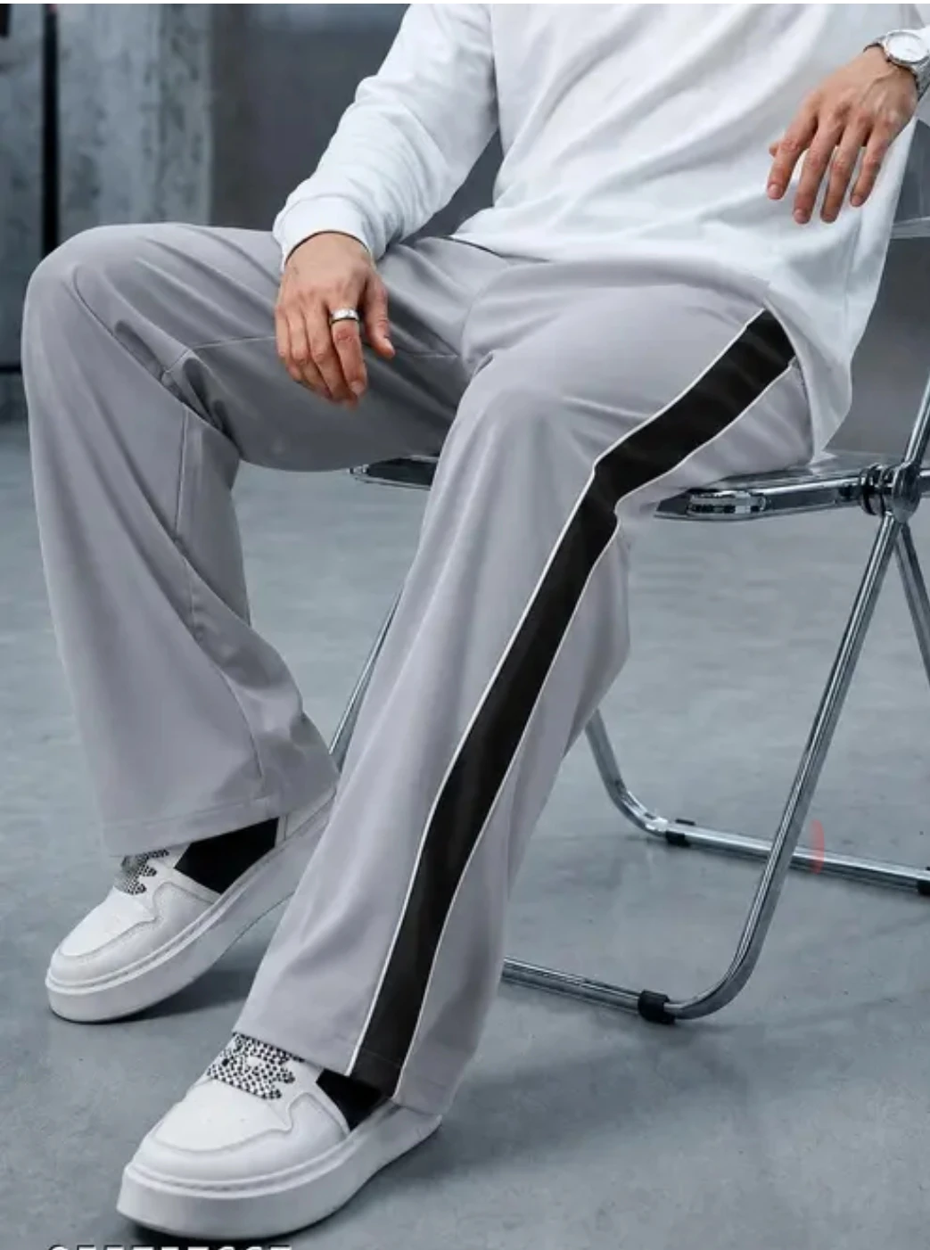 Men's Light Grey Wide-Leg Track Pants with Black Stripe