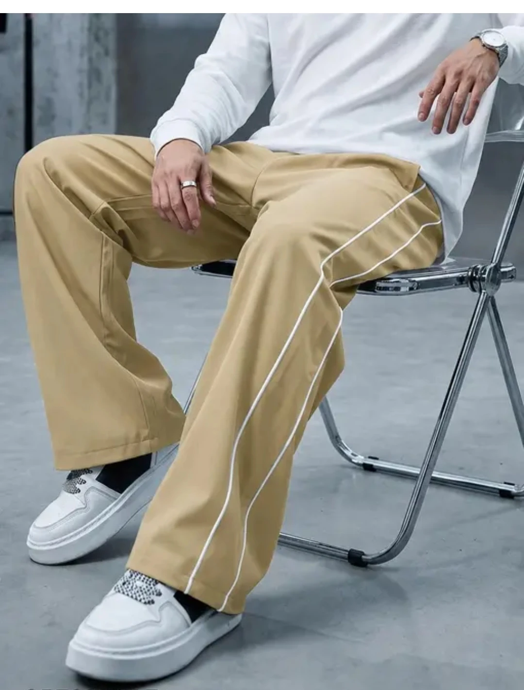 Men's Beige Wide-Leg Track Pants with White Piping