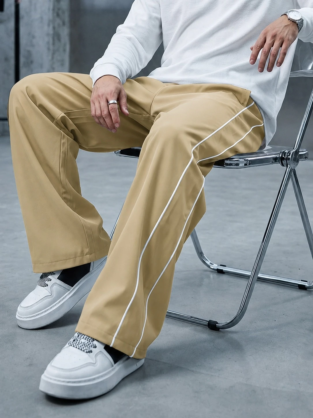 Men's Beige Wide-Leg Track Pants with White Piping