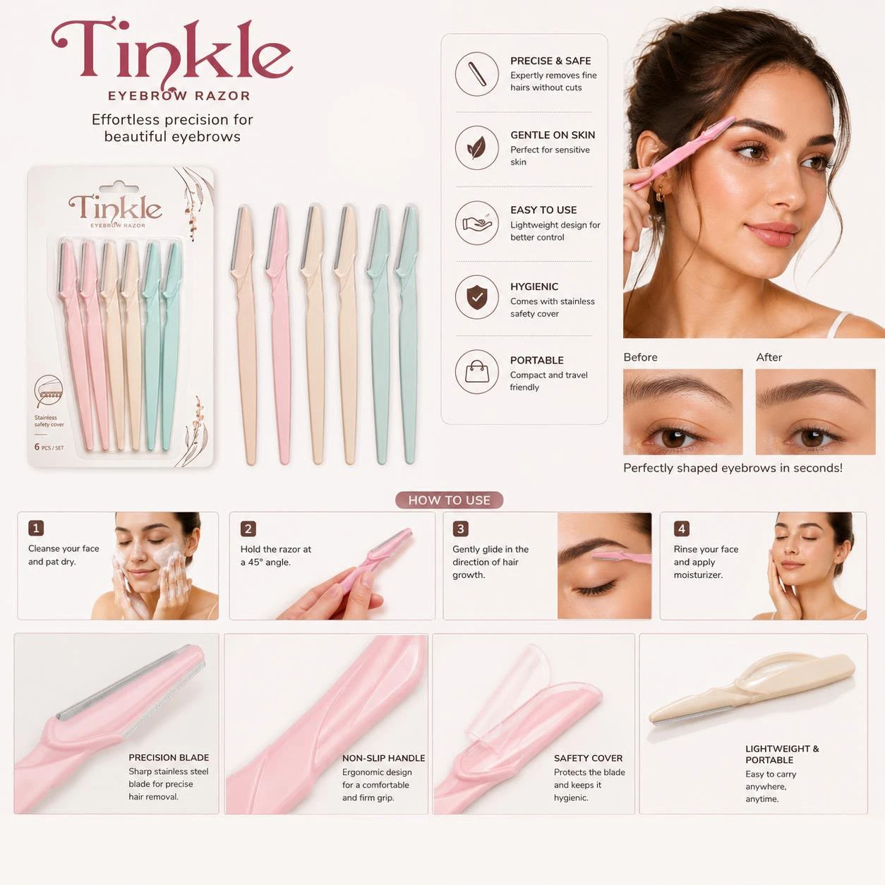 Tinkle Eyebrow Razor Pack of 6 | Stainless Steel Safety Blade | Facial Hair Remover | Eyebrow Trimmer & Dermaplaning Razor for Women