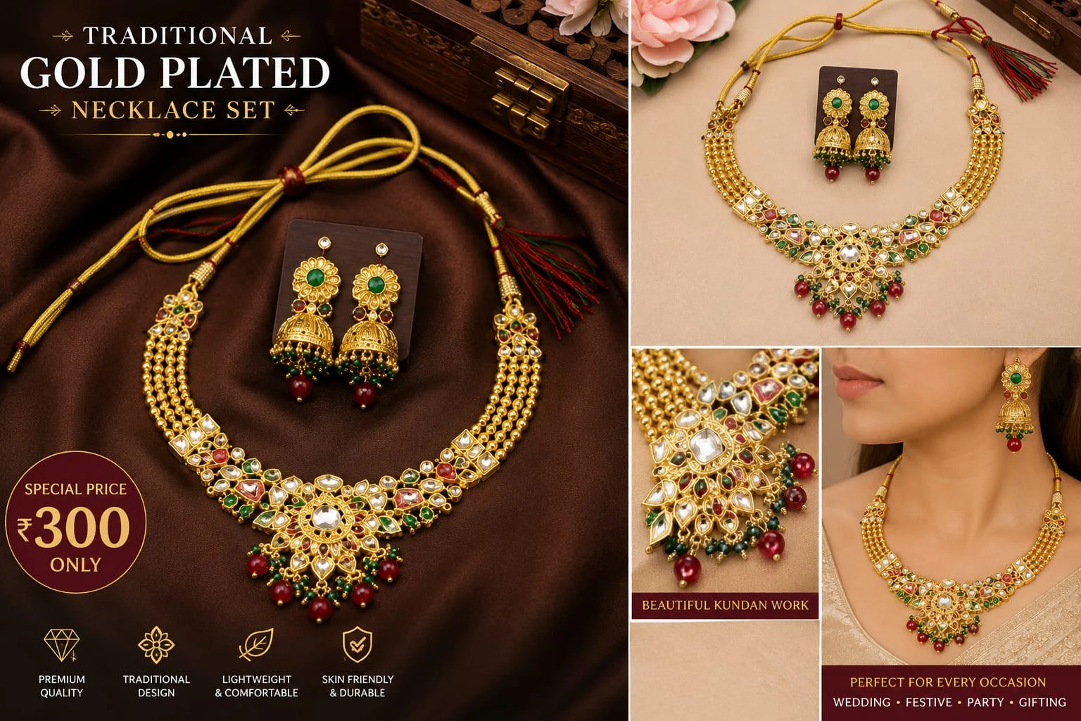 Premium Multi-Color Ethnic Jewelry Set with Red & Green Beads