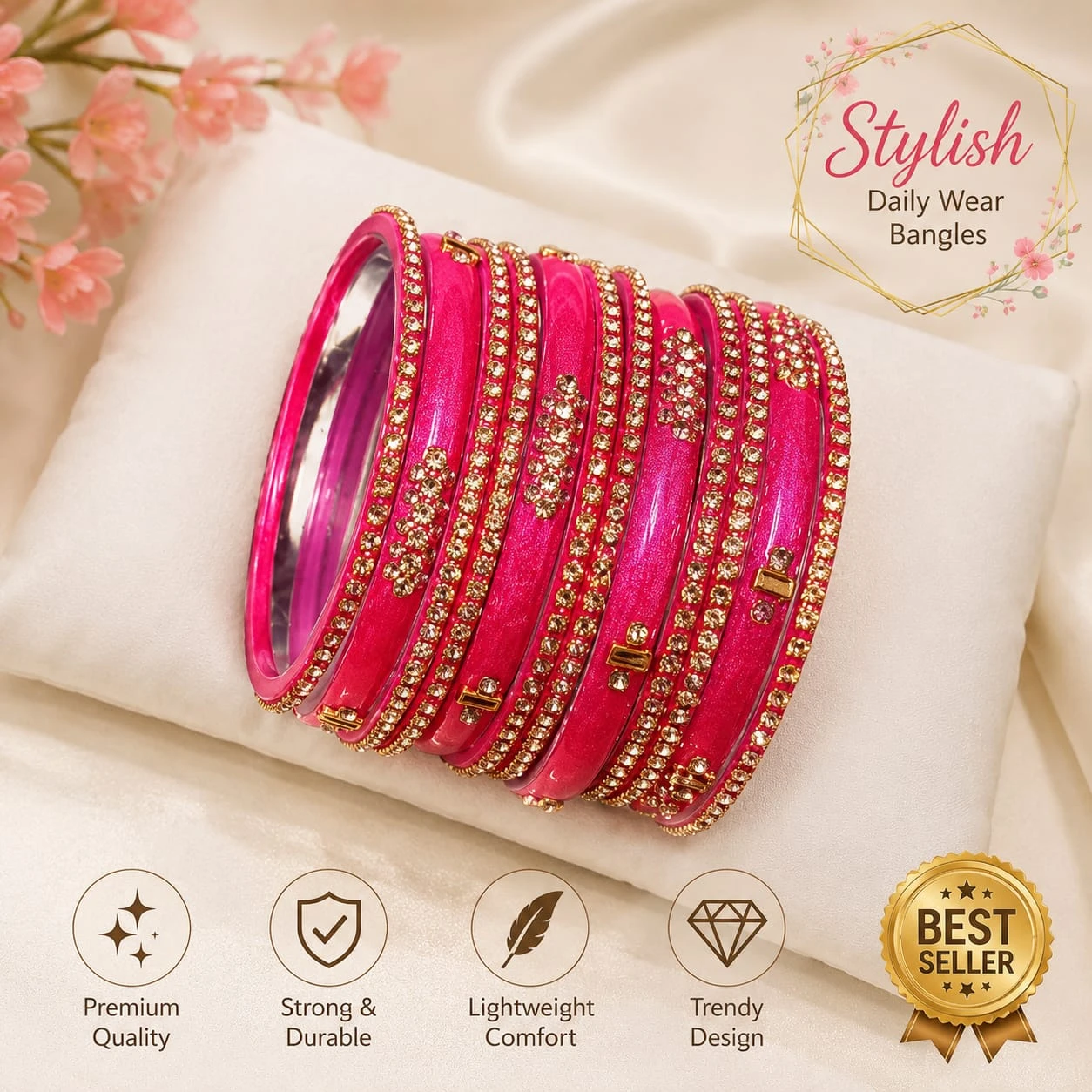 Stylish Daily Wear Bright Pink Bangle Set with Gold Stone Work