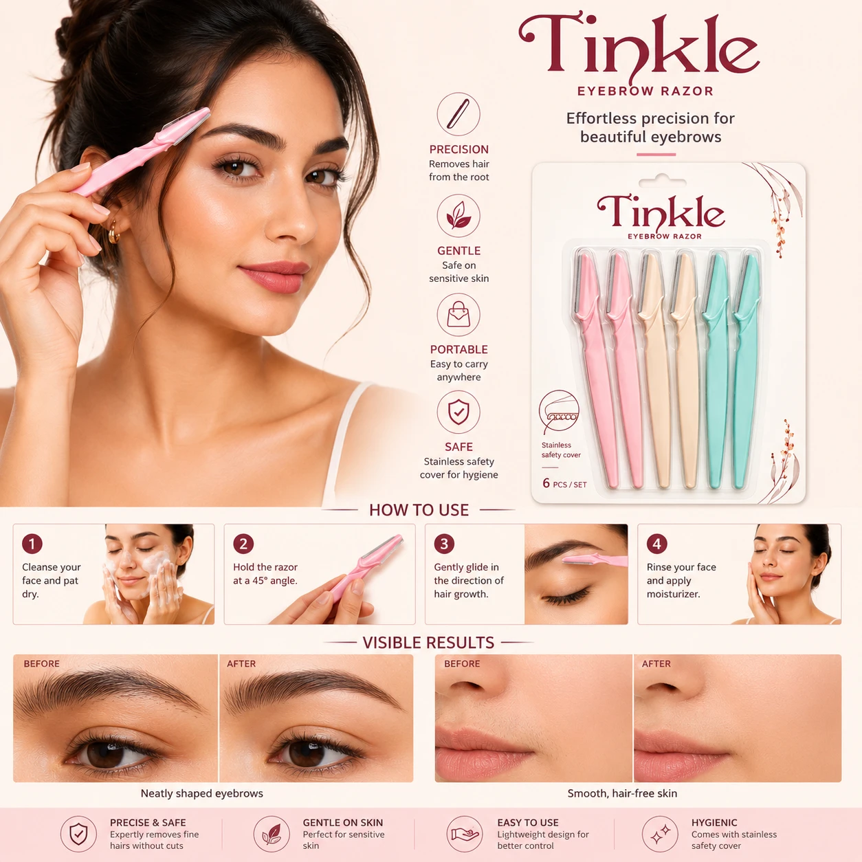 Tinkle Eyebrow Razor Pack of 6 | Stainless Steel Safety Blade | Facial Hair Remover | Eyebrow Trimmer & Dermaplaning Razor for Women