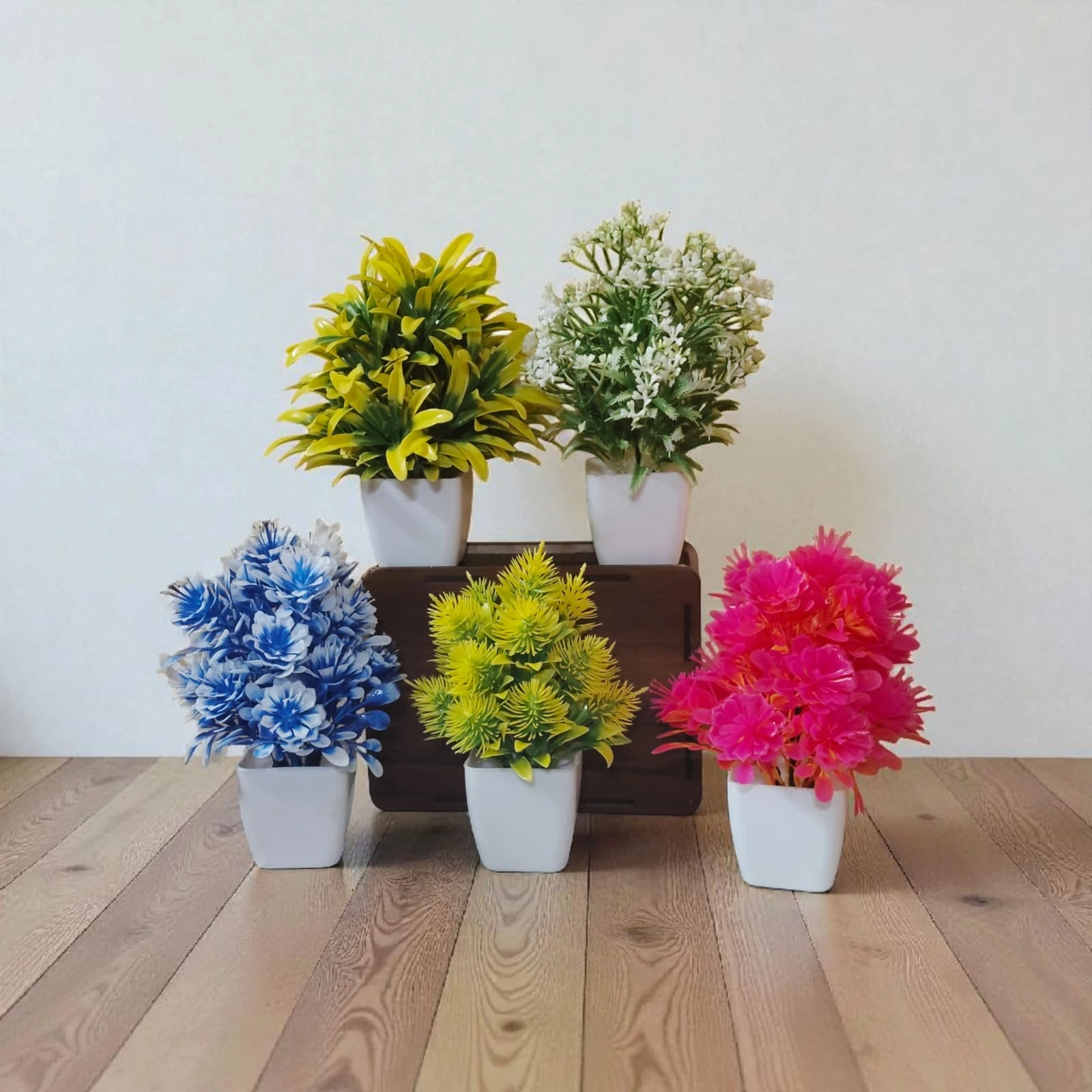 Mini Artificial Potted Plants Set – 5-Piece Colorful Decorative Bonsai