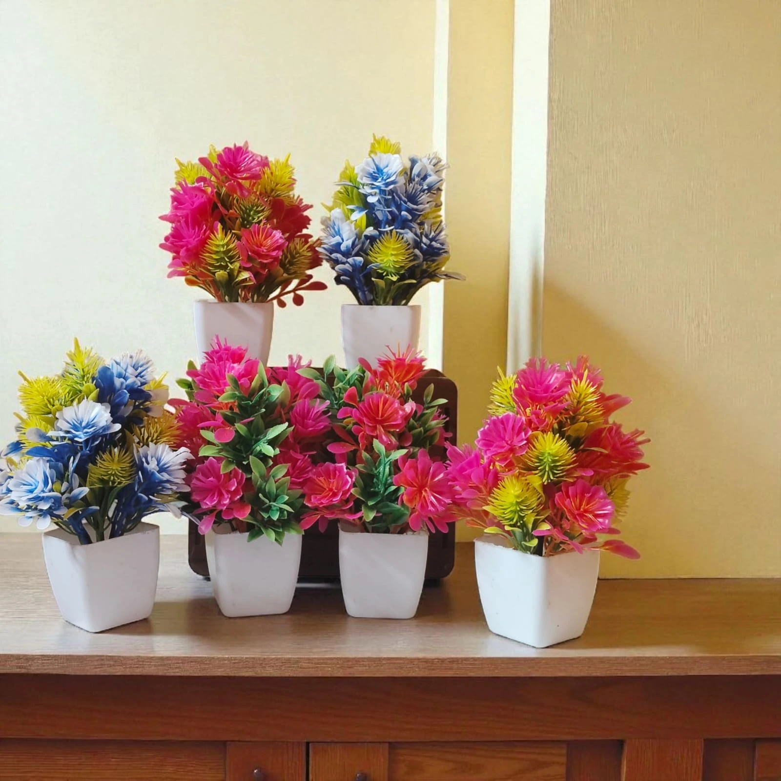 Mini Artificial Potted Plants Set – 6-Piece Colorful Decorative Bonsai