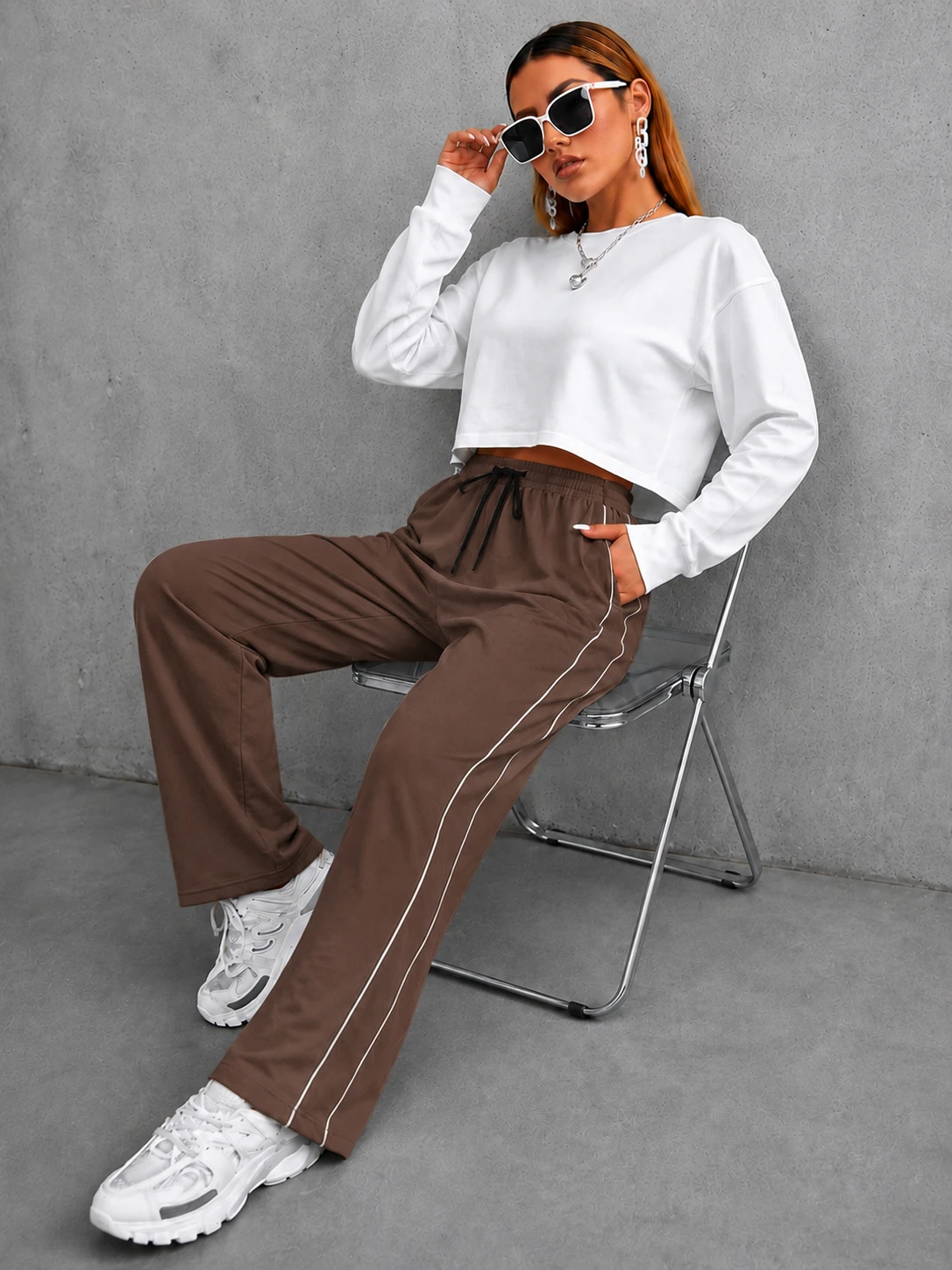 Women Brown Wide-Leg Track Pants with Double Side Piping