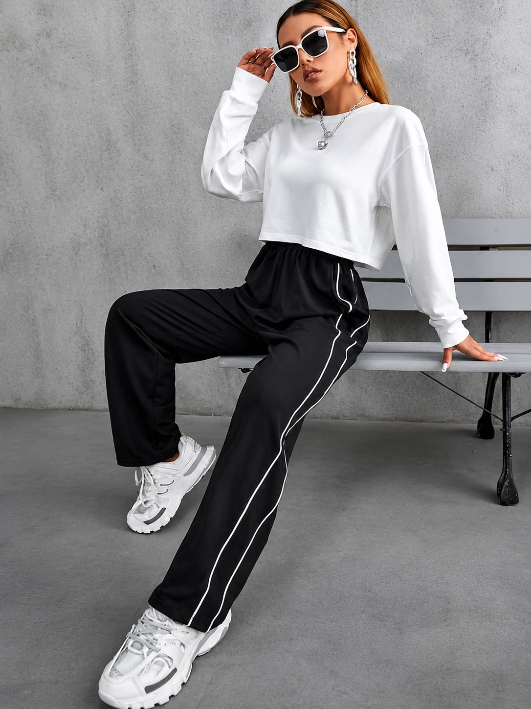 Women Black Wide-Leg Track Pants with Double Side Piping